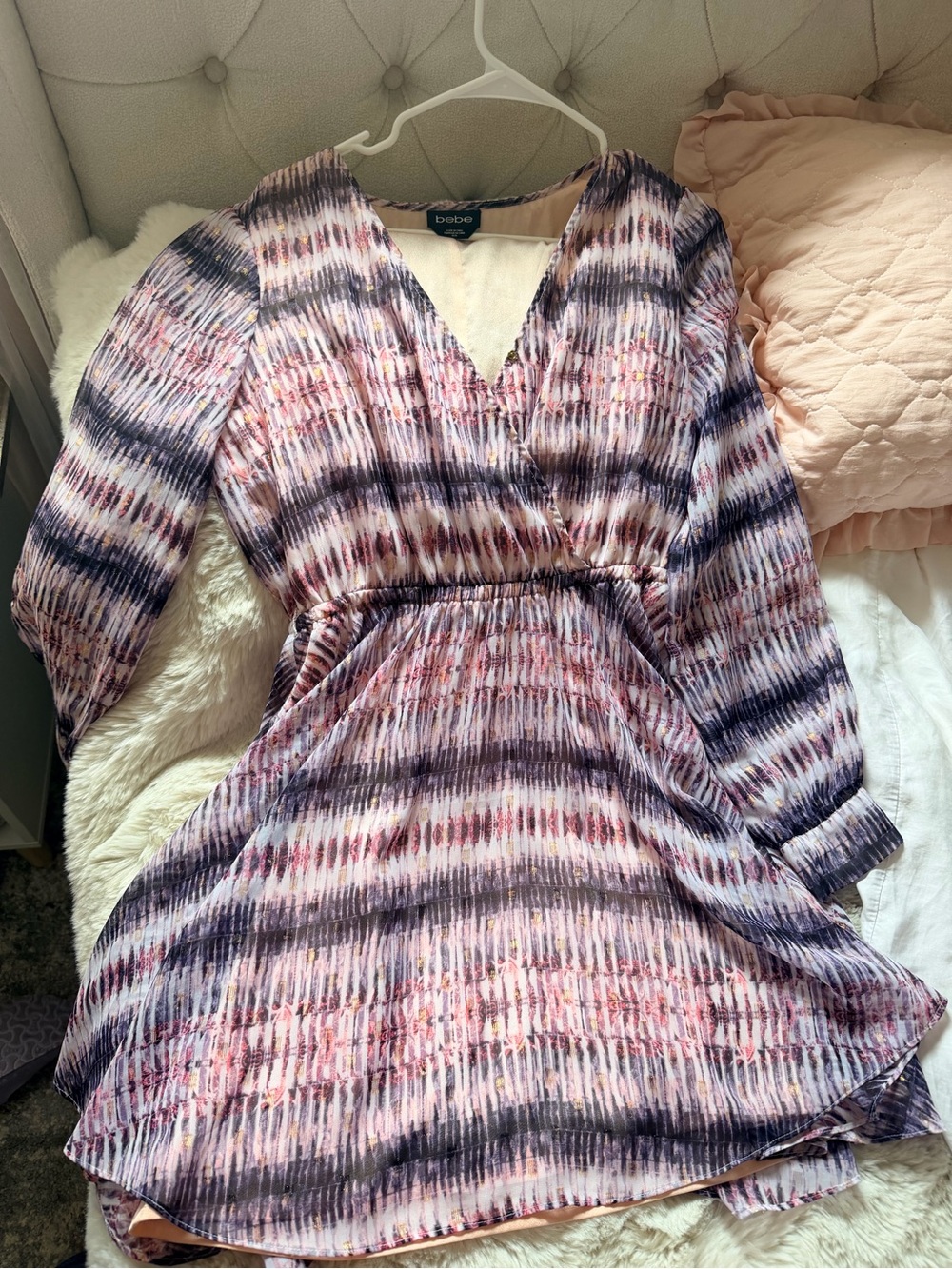 bebe Pink & Purple Striped Tie-Dye V-Neck Long Sleeve Dress